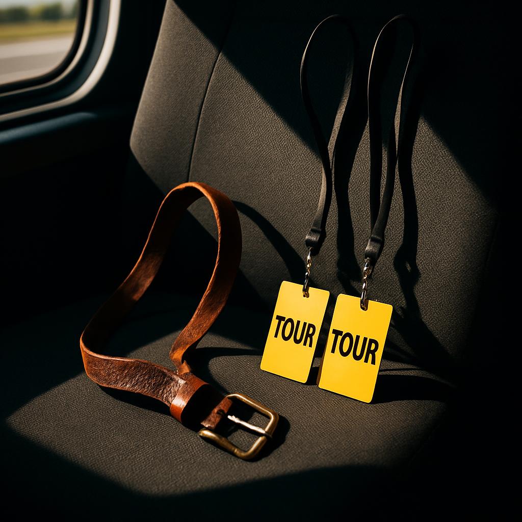 An image depicting yellow "Tour" badges strung necklaces with black lanyards, on top of a black fabric surface in front of...