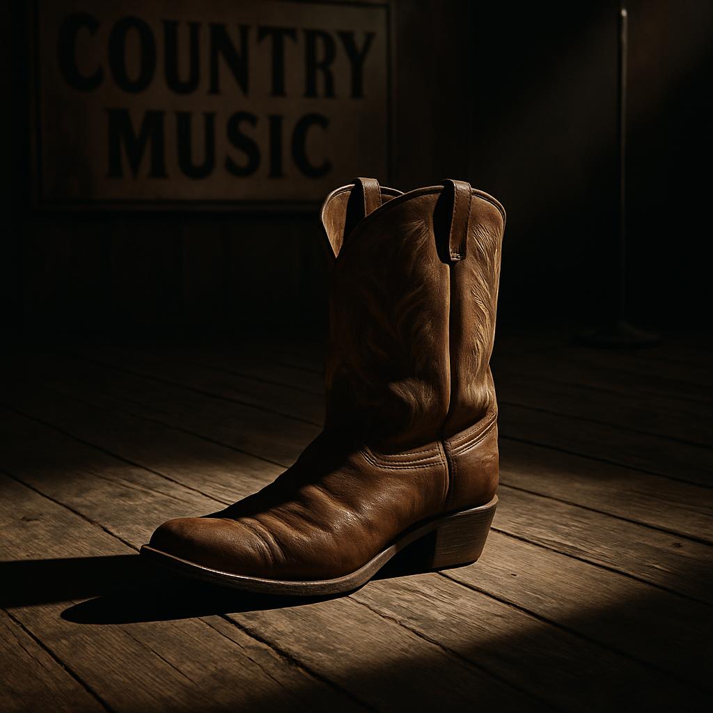 A pair of old and worn brown cowboy boots sit in the shadows on a wooden floor with the words "Country Music" in the backg...